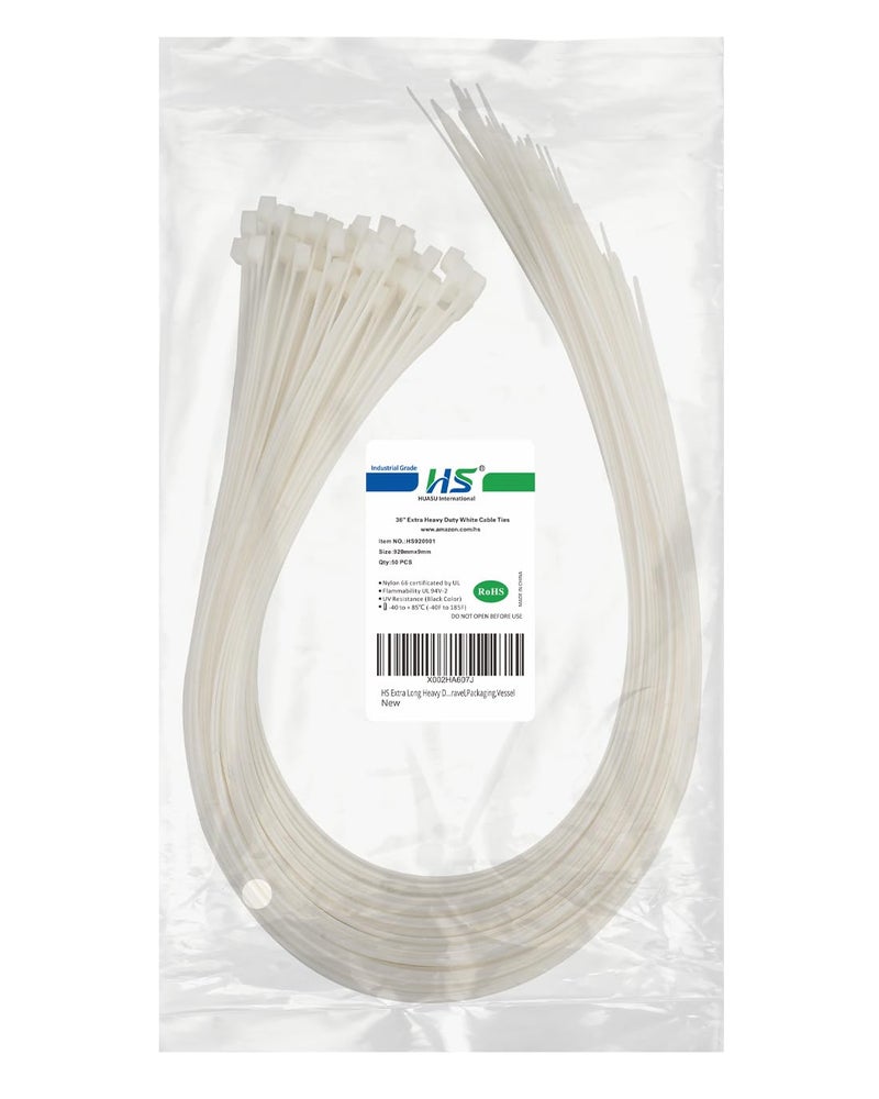 HS أحزمة ربط سحاب ثقيلة الوزن طويلة جداً HS (عبوة 50) سميكة 0.35 بوصة من البلاستيك لربط الأنابيب الثقيلة 200 رطل شفافة، بيضاء، أحزمة ربط كبيرة 36 بوصة للاستخدام في التكييف، السفر، التعبئة، السفن - Image 1